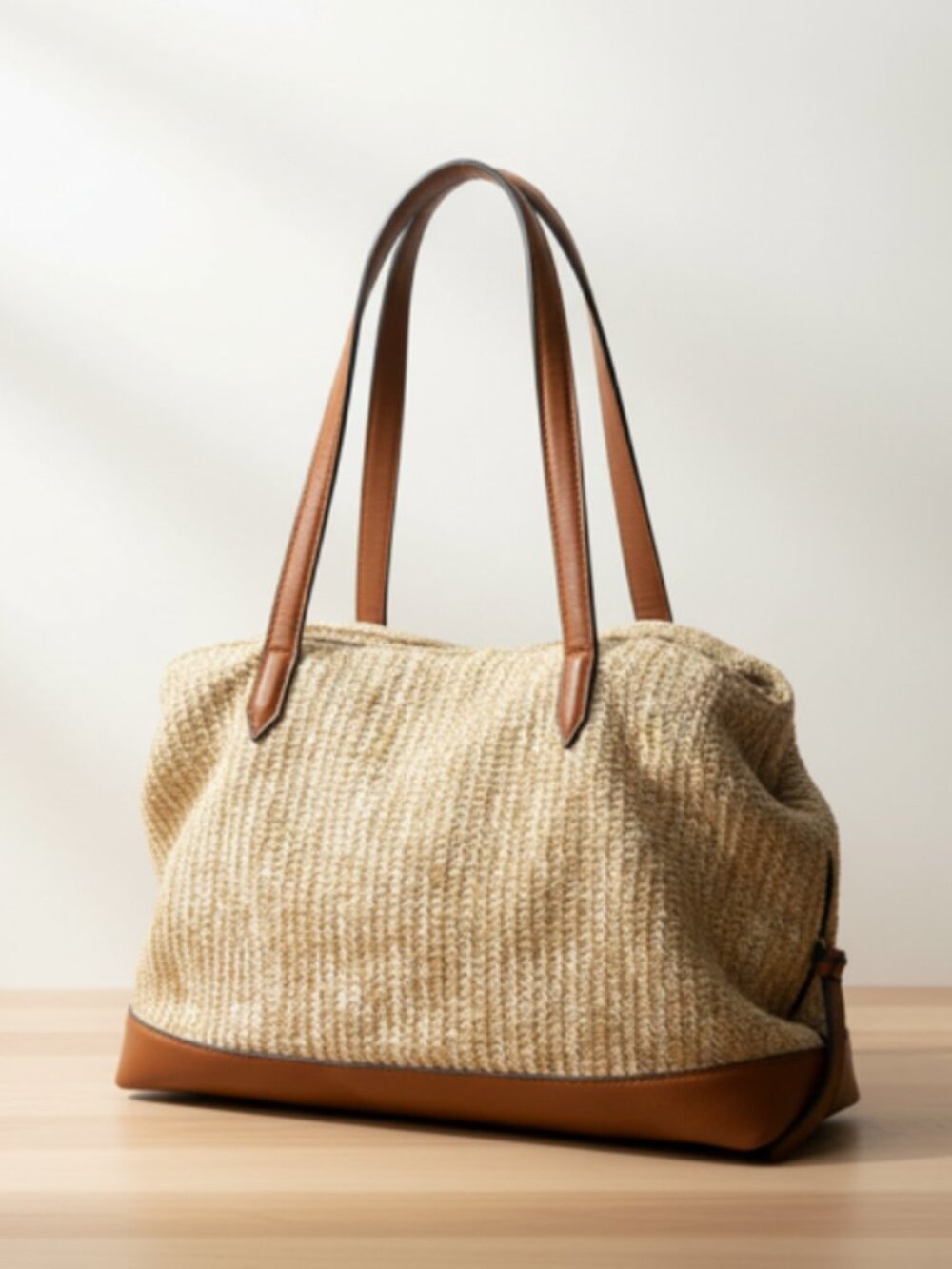 Woven Tote Bag with Brown Leather Trim